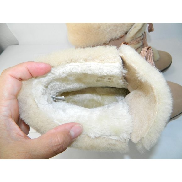 J. Crew 9M Shoes Nordic Wedge Boots Snow Bootie Leather Fur Nude Beige Rose Lace - Picture 12 of 16